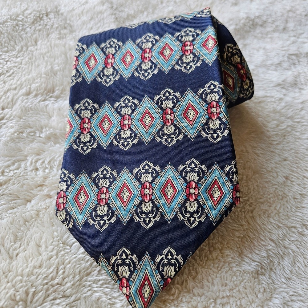 Oscar de la Renta Mens Silk Tie Navy Blue Geometric Medallion Pattern USA made